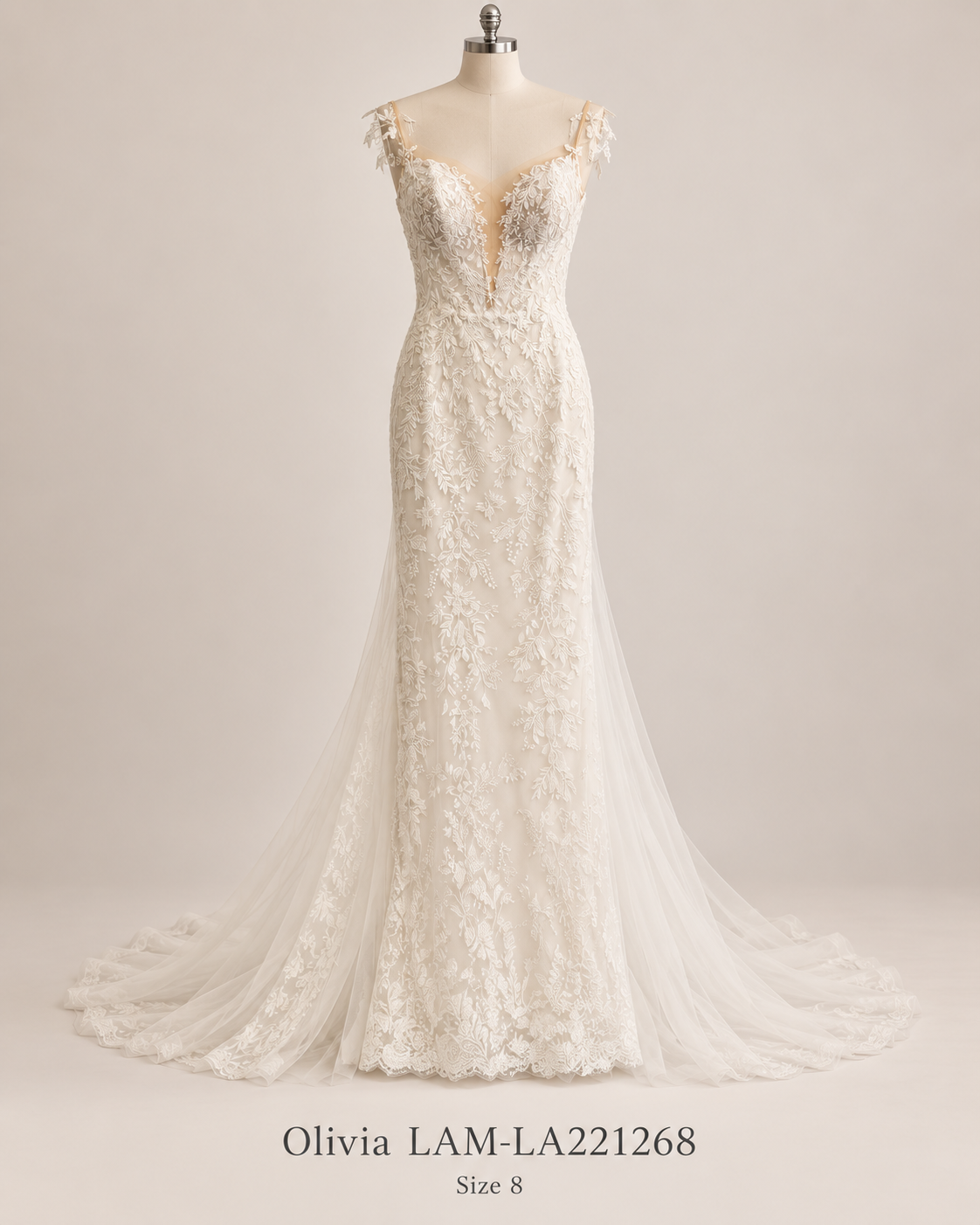 Front mannequin view of Olivia LAM-LA22126 size 8 ivory lace wedding dress with plunging neckline and fit-and-flare silhouette