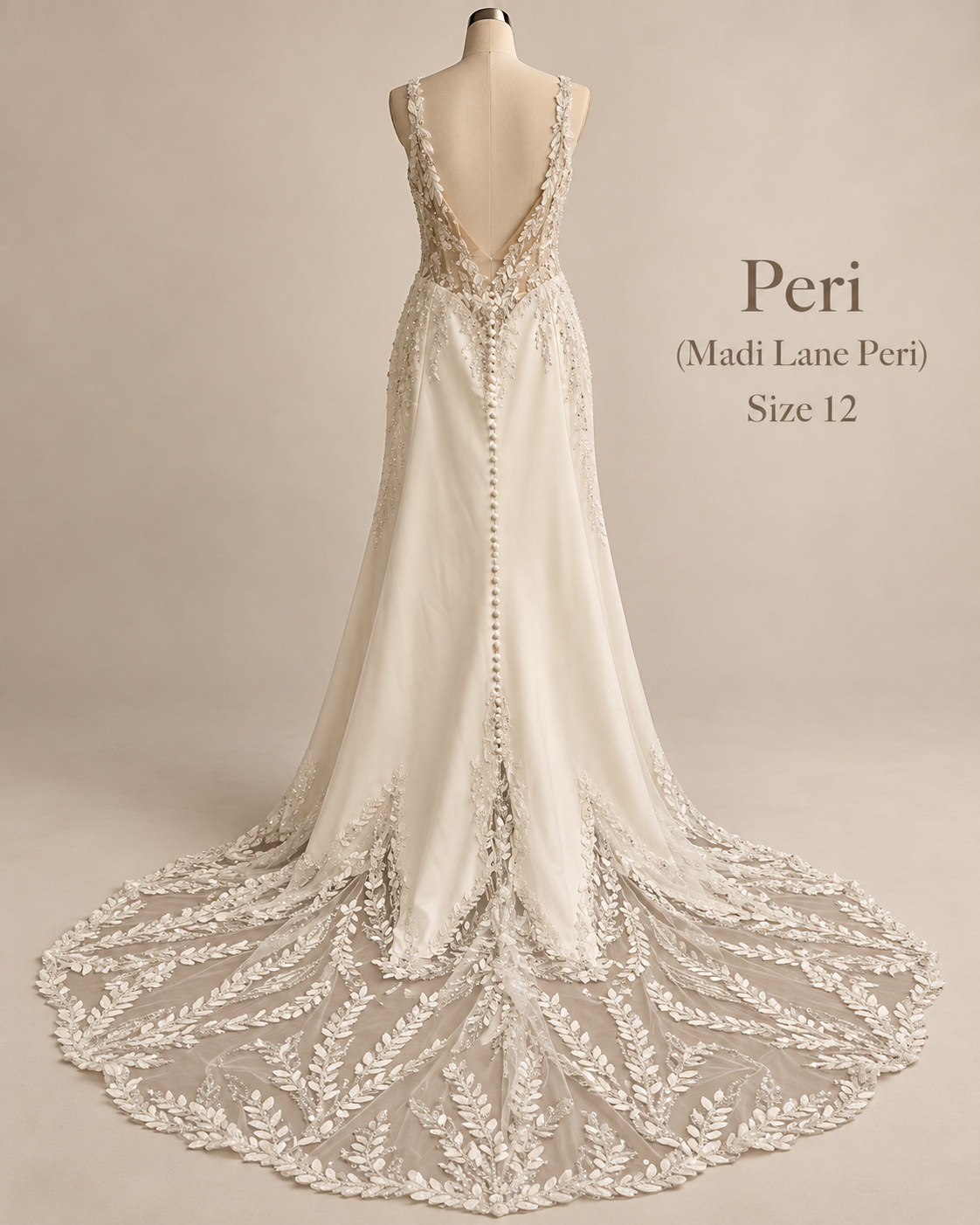 Back view of Madi Lane Peri size 12 wedding dress with deep V-back, covered buttons and dramatic botanical lace train