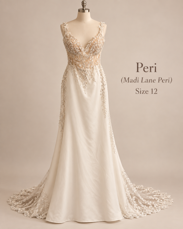 Front view of Madi Lane Peri size 12 wedding gown with deep V-neck illusion bodice, beaded leaf appliqué and sleek fitted skirt