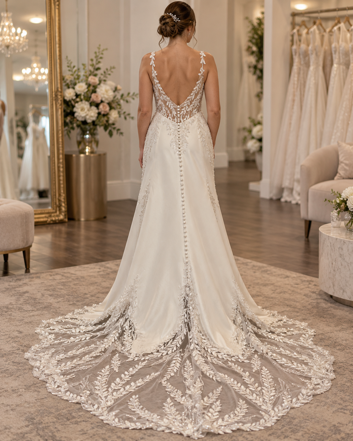 Bride wearing Madi Lane Peri size 12 wedding gown showing low V-back, button detail and ornate botanical illusion train