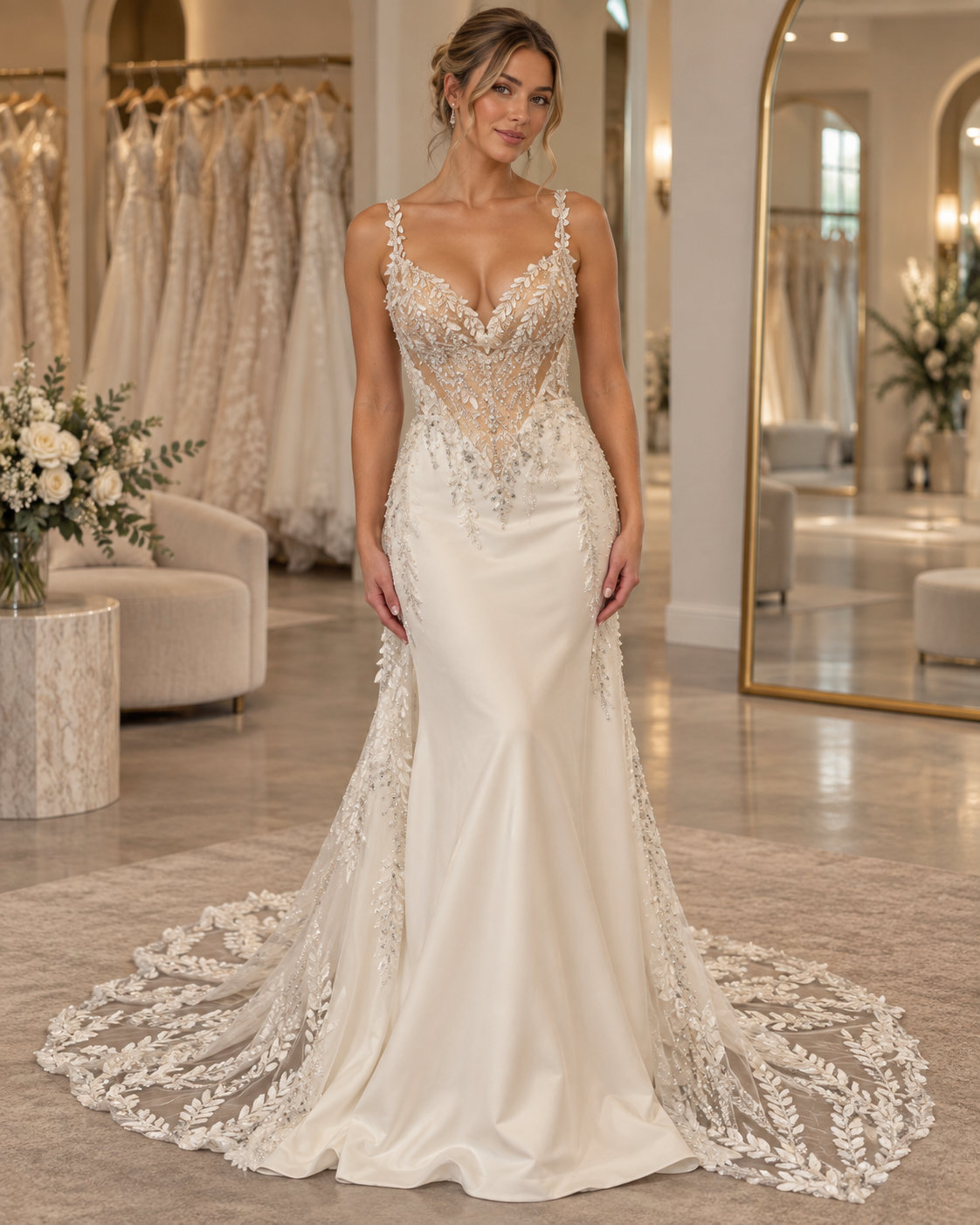 Bride wearing Madi Lane Peri size 12 wedding dress with embellished illusion bodice, delicate straps and sleek fit-and-flare silhouette