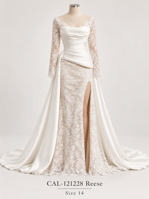 Front mannequin view of CAL-121228 Reese size 14 lace and satin wedding dress with long sleeves and high slit