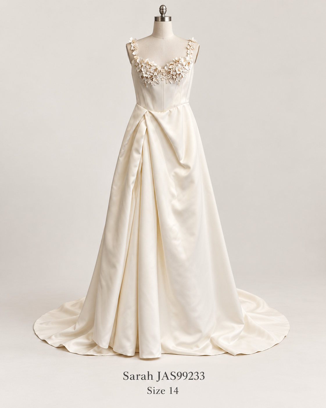 Front mannequin view of Sarah JAS99233 size 14 satin wedding gown with 3D floral neckline and A-line skirt