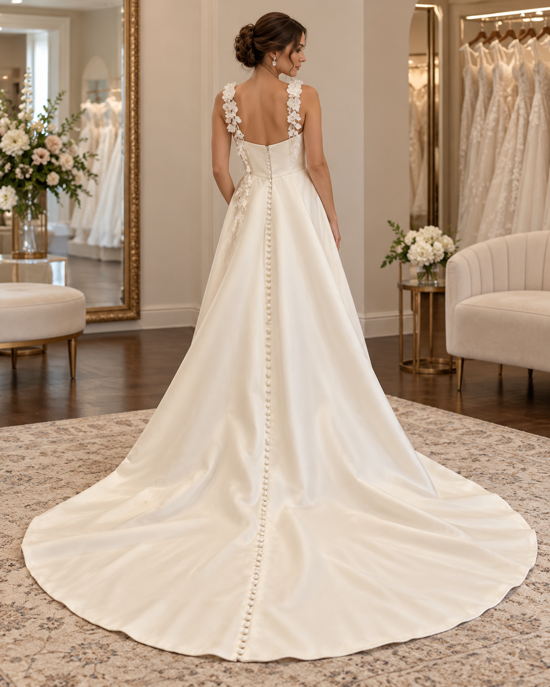 Back view of bride wearing Sarah JAS99233 size 14 wedding dress with floral straps, covered buttons and chapel train
