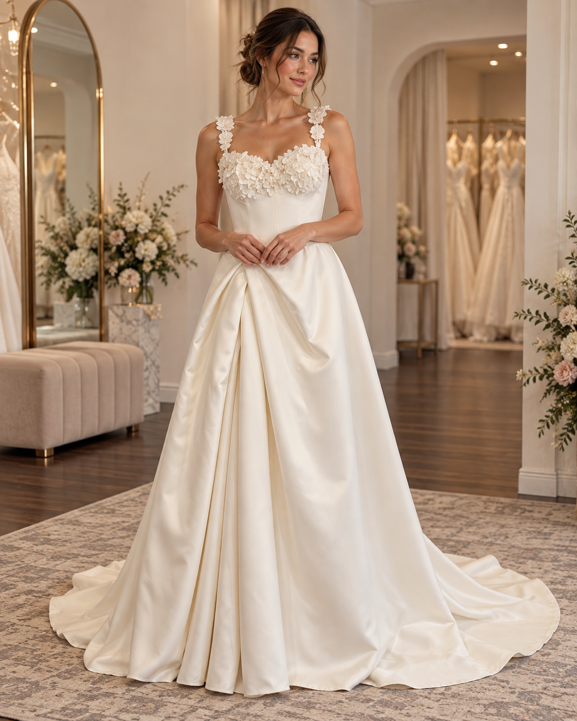 Bride wearing Sarah JAS99233 size 14 ivory satin wedding gown with dimensional floral neckline and full A-line skirt