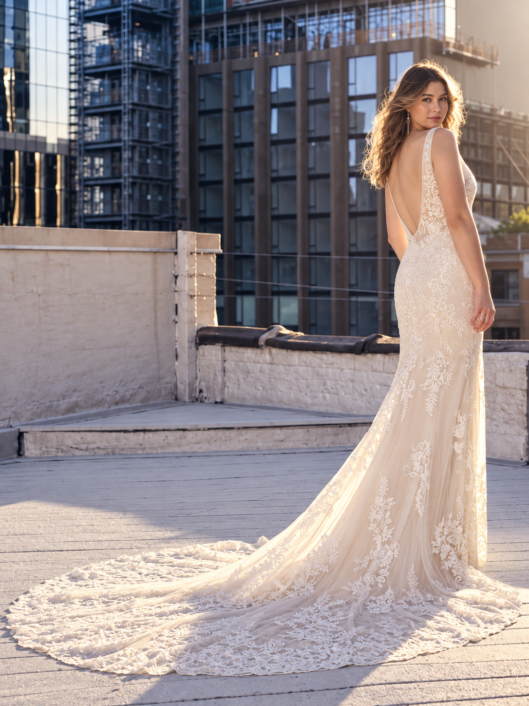 The “Sarah” Gown by MS Estella: Romantic Lace Fit-and-Flare with a Deep V-Back - Image 4