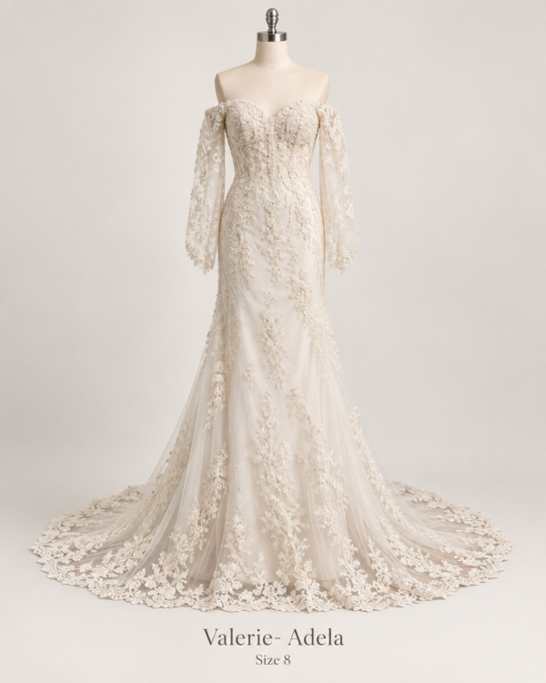 Front view of Adela Valerie size 8 wedding dress with off-the-shoulder sweetheart neckline, long lace sleeves and fit-and-flare silhouette