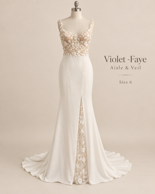 Front view of Faye Aisle & Veil Violet size 6 wedding dress with floral illusion bodice, scoop neckline and sleek fit-and-flare skirt