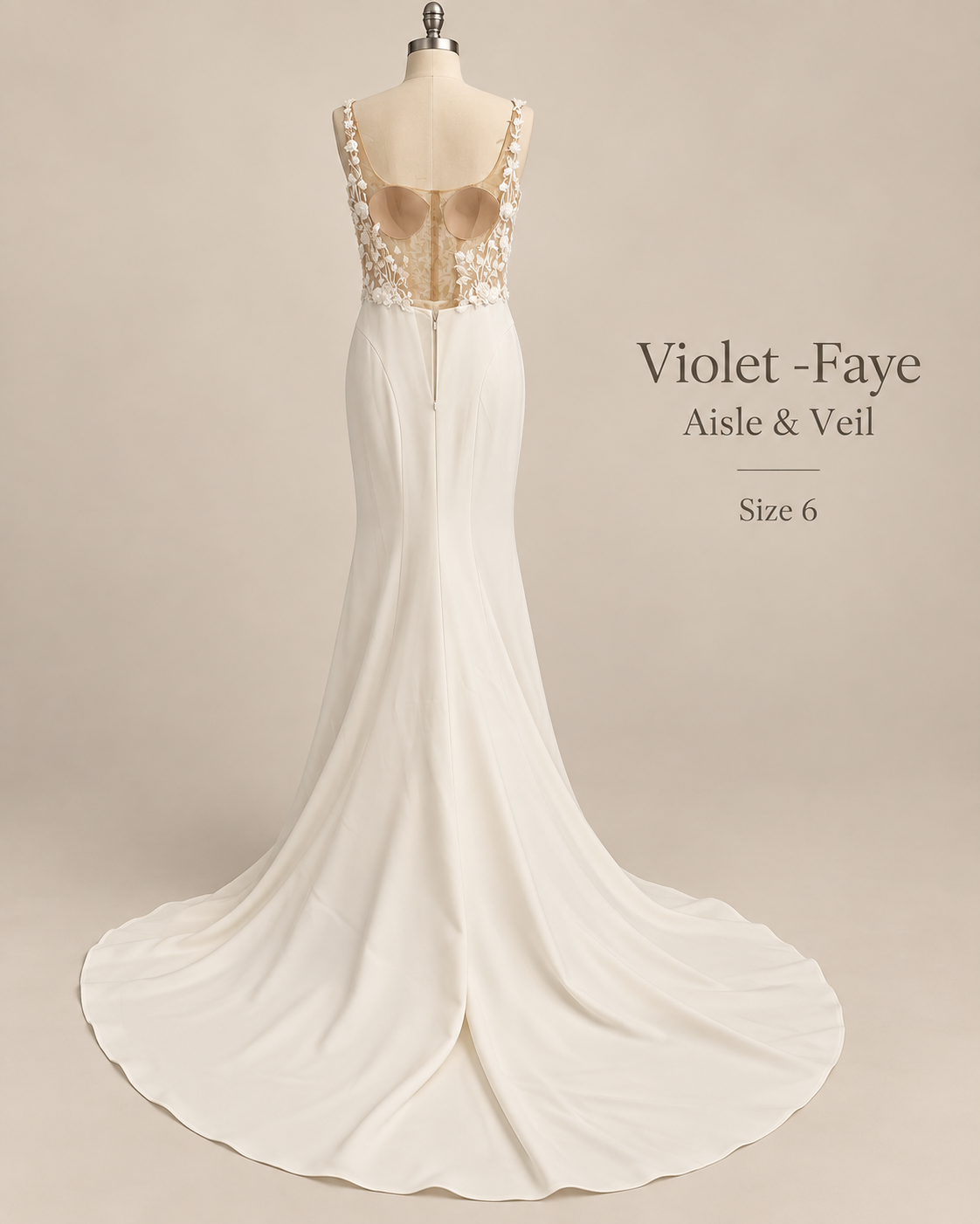 ack view of Faye Aisle & Veil Violet size 6 wedding gown with open illusion lace back and sweeping crepe train