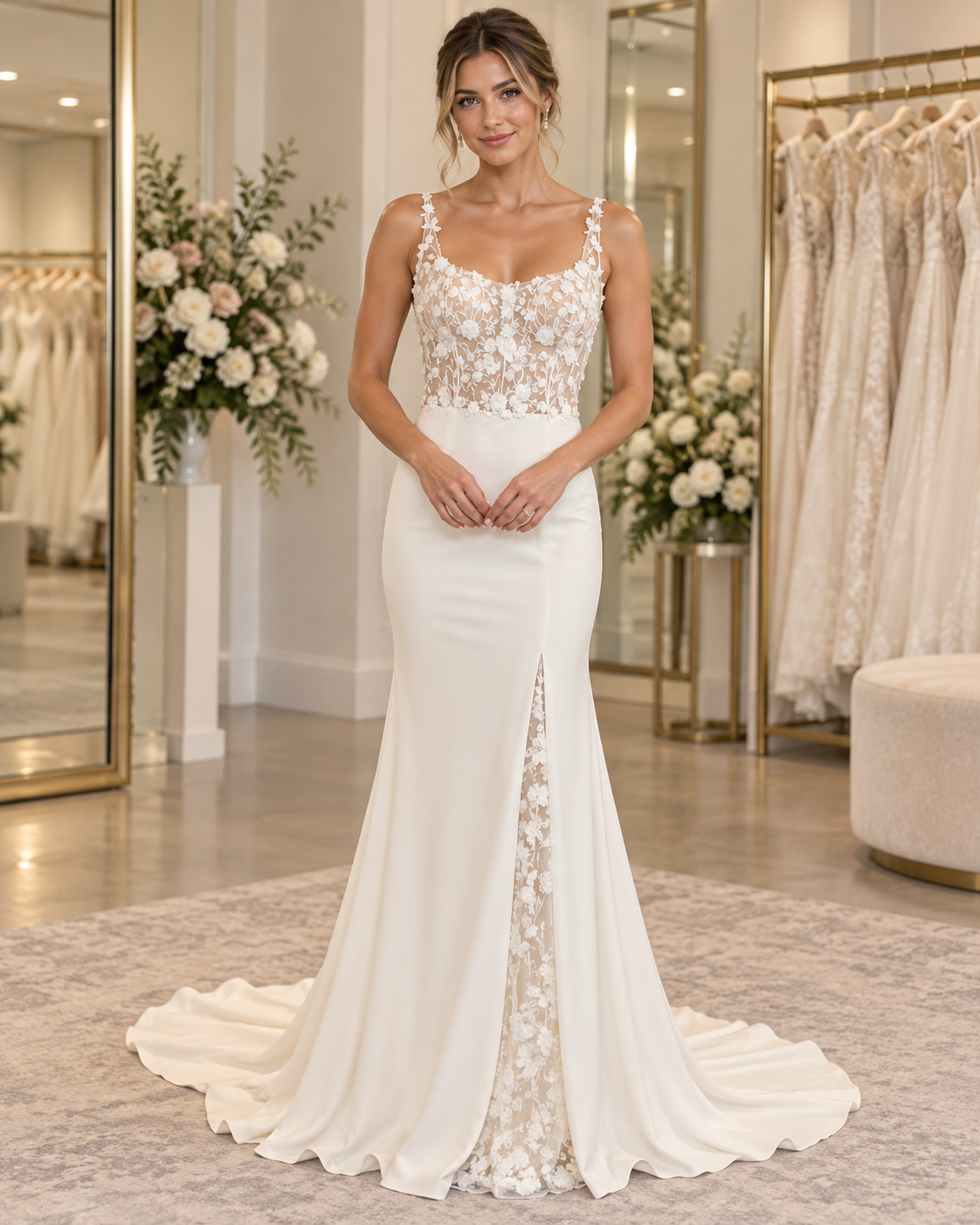 Bride wearing Faye Aisle & Veil Violet size 6 wedding dress with floral lace bodice, fitted crepe skirt and lace front inset