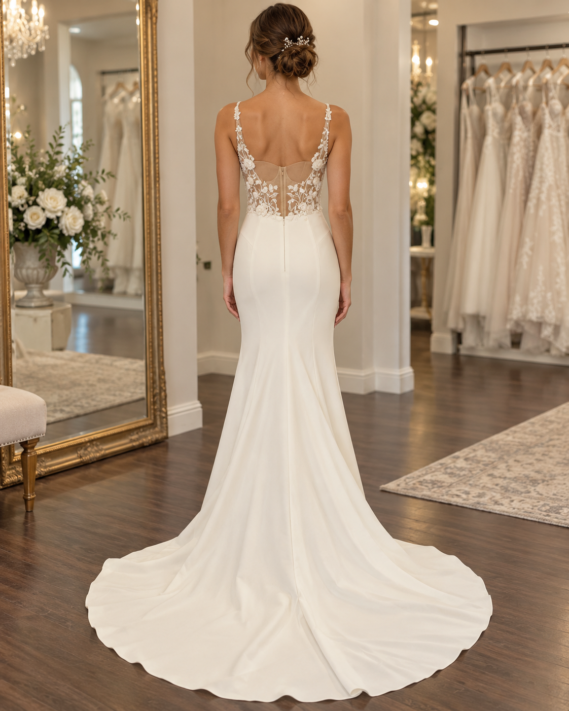 Bride wearing Faye Aisle & Veil Violet size 6 wedding gown showing low illusion back and elegant fitted train
