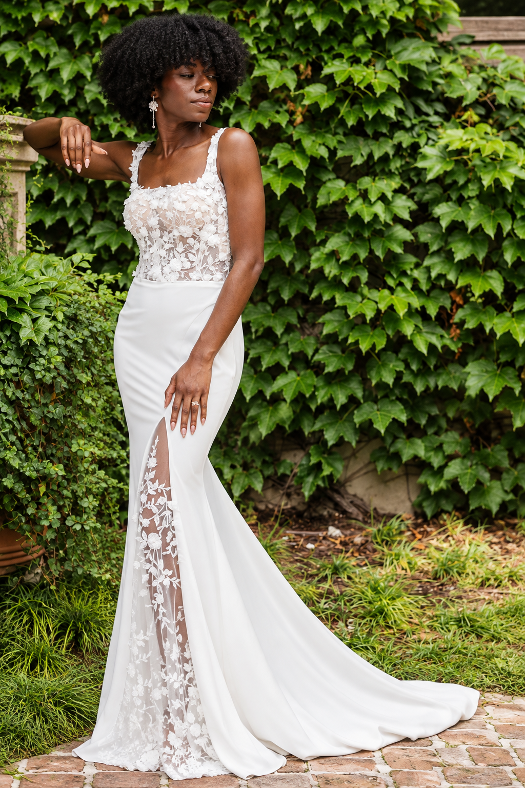 The “Violet” Gown by Faye: Modern Floral Illusion Bodice with a Sleek Crepe Silhouette