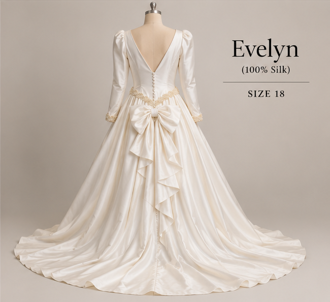 Back mannequin view of Evelyn size 18 100% silk wedding dress with deep V back oversized bow and sweeping train