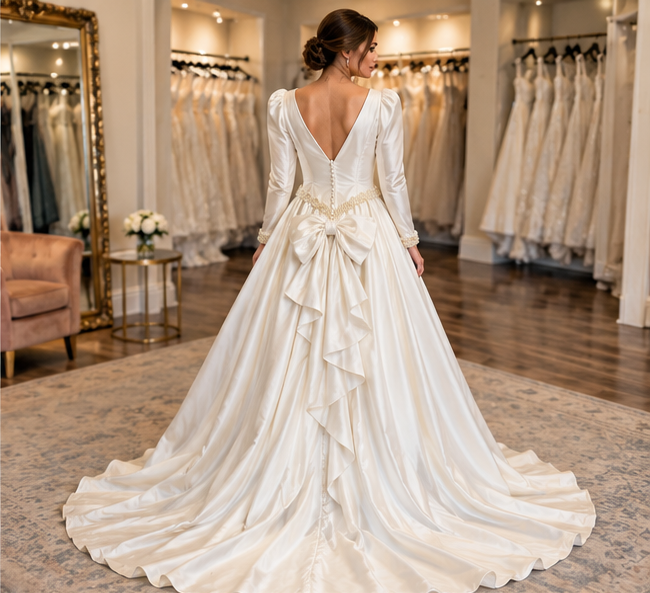 Back view of bride wearing Evelyn size 18 silk wedding dress with deep V back statement bow and long train
