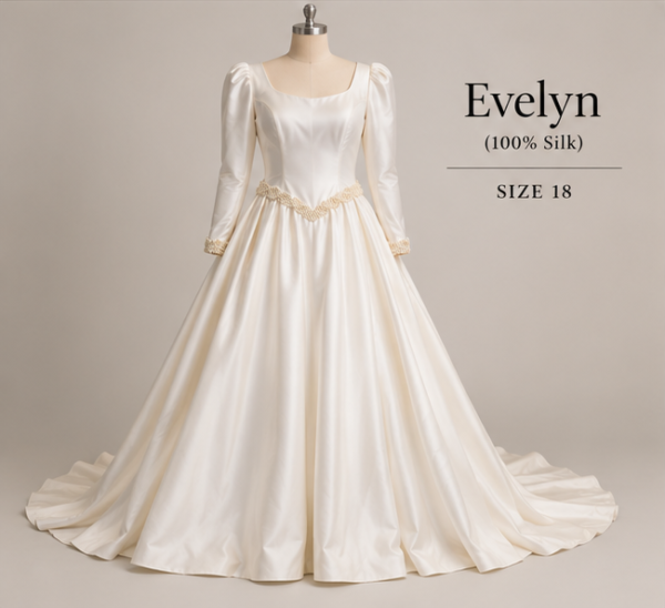 Front mannequin view of Evelyn size 18 ivory 100% silk wedding gown with long sleeves and full ball gown skirt