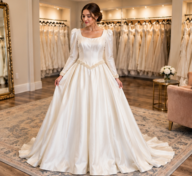 Front view of bride wearing Evelyn size 18 100% silk long sleeve ball gown wedding dress