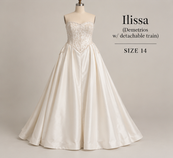 Front view of Demetrios Ilissa size 14 wedding gown with sweetheart neckline, lace bodice and full satin ballgown skirt
