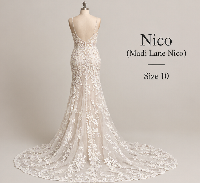 Back view of Madi Lane Nico size 10 wedding dress with low V-back, botanical lace and wide lace train