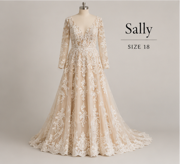 Front view of Sally size 18 wedding gown with deep V-neckline, long lace sleeves and ivory lace over nude lining